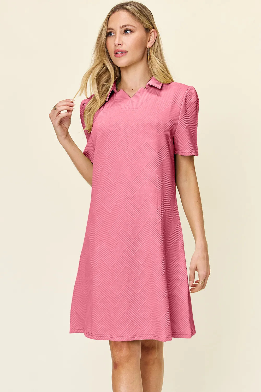 Double Take Full Size Texture Collared Neck Short Sleeve Dress Pink OutfitFlow