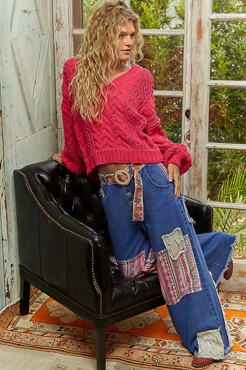 POL Cable-Knit Solid V-Neck Cropped Sweater OutfitFlow