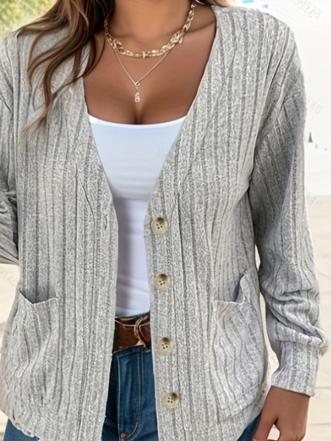 Full Size Button Up V-Neck Long Sleeve Cardigan