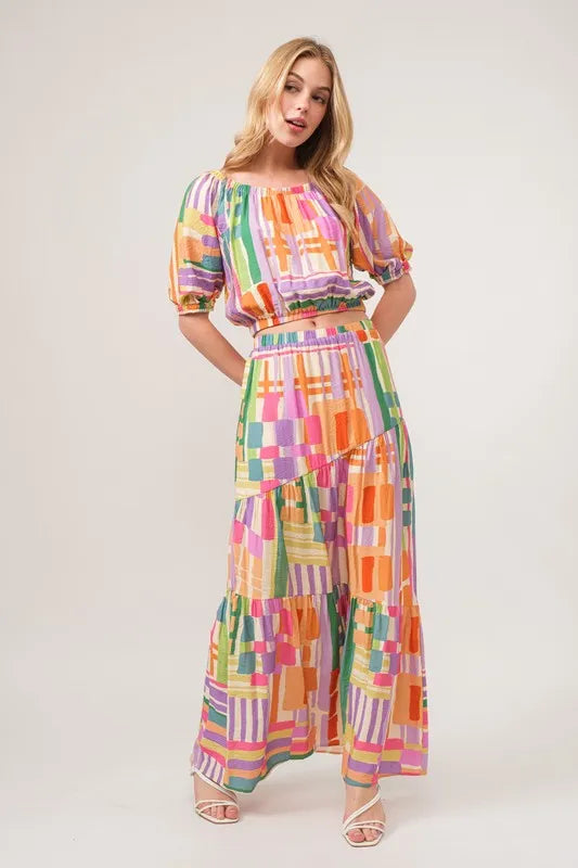 And The Why Puff Sleeve Elastic Edges Geo Printed Crop Top OutfitFlow