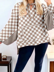 Checkered Pattern Oversized Drawstring Hoodie Mocha OutfitFlow
