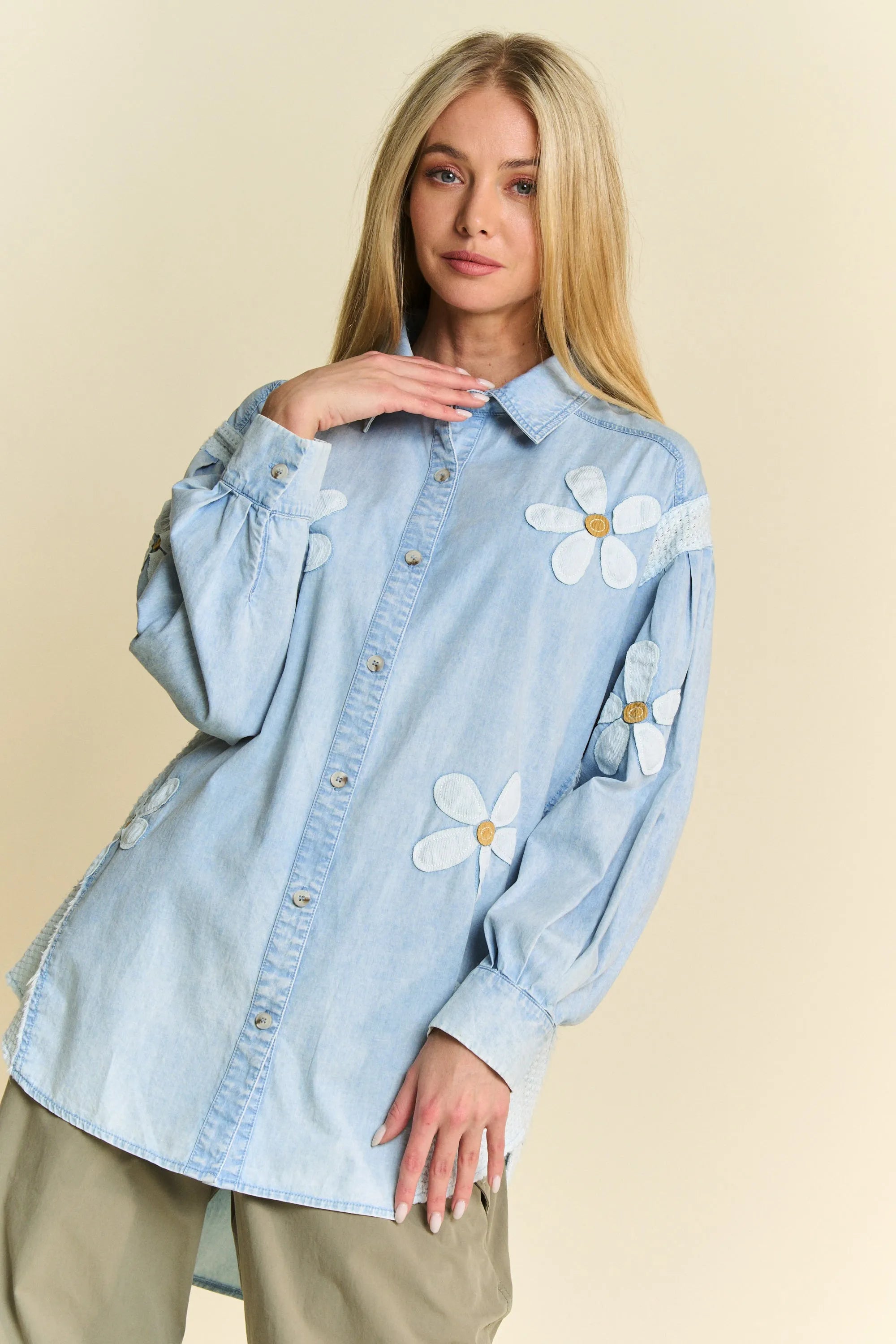 Davi & Dani Lightweight Washed Daisy Patch Waffle Knit Shirt OutfitFlow