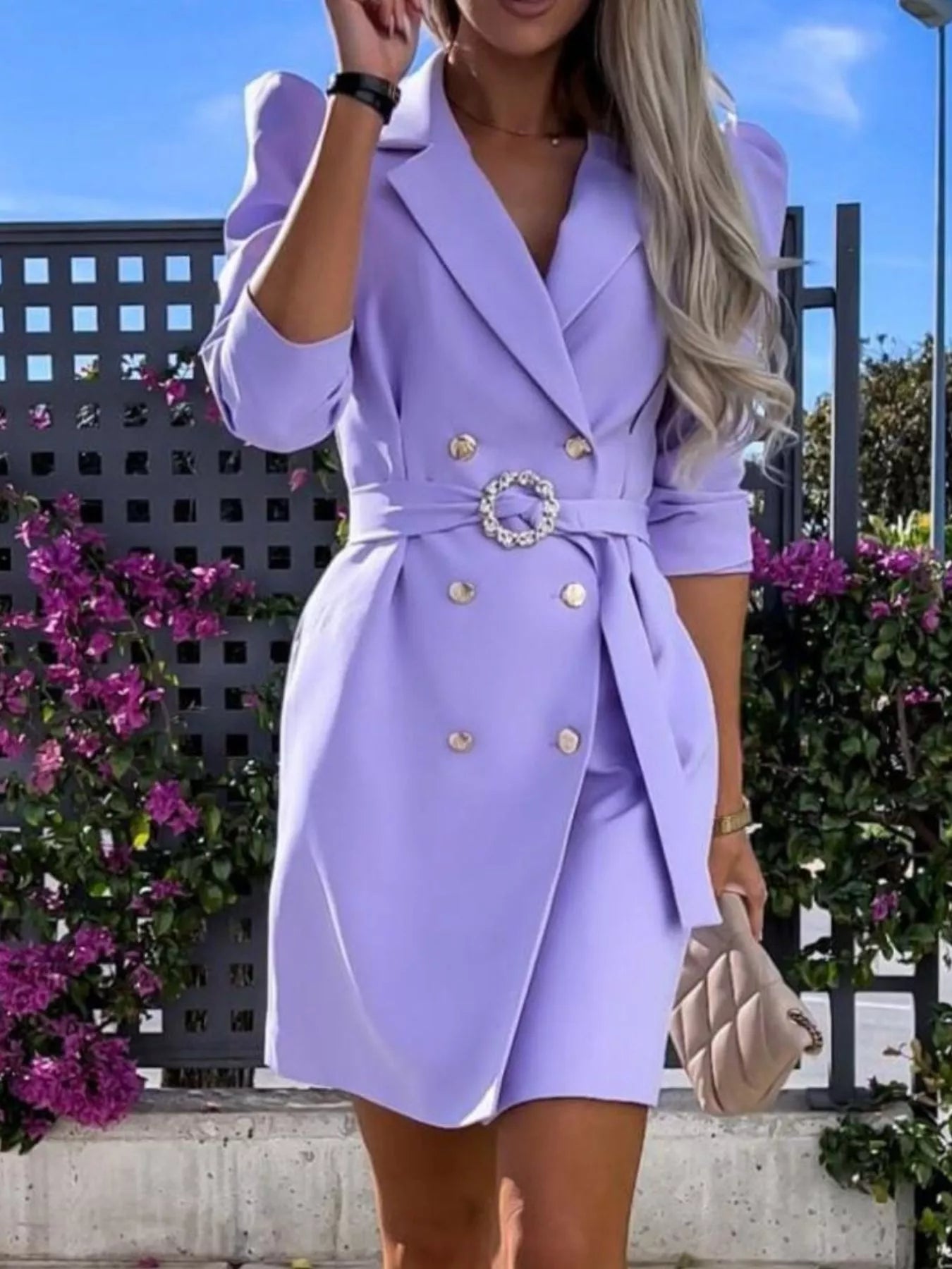 3/4 Sleeve Belted Blazer Dress OutfitFlow