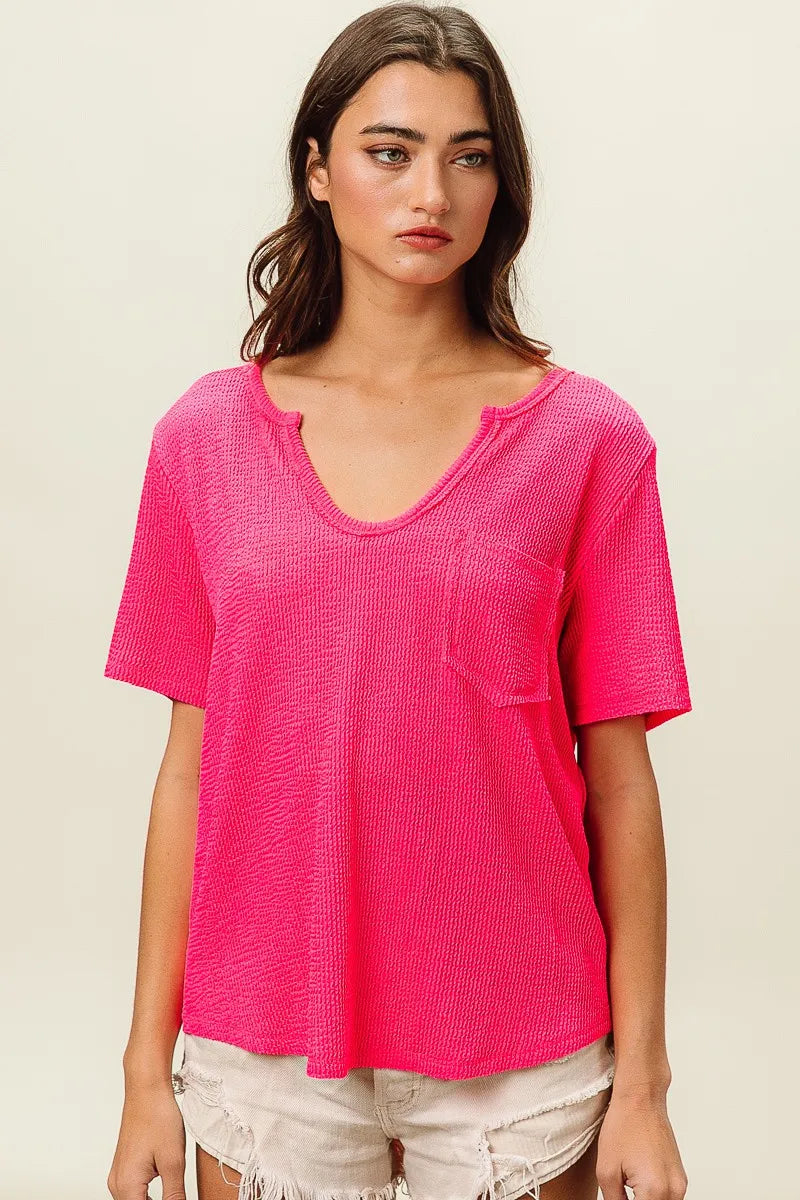 BiBi Waved Rib U Neck Top With Front Pocket OutfitFlow
