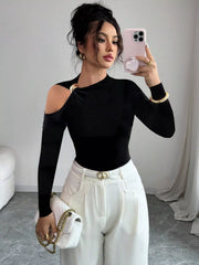Cutout One-Shoulder Long Sleeve T-Shirt Black OutfitFlow