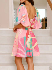 Colorful Print Belted Mini Dress with Puff Sleeves OutfitFlow