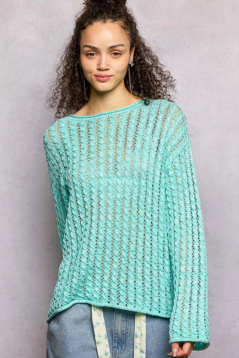 POL Openwork Round Neck Knit Top with Shiny Detail AQUA MINT OutfitFlow