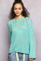 POL Openwork Round Neck Knit Top with Shiny Detail AQUA MINT OutfitFlow