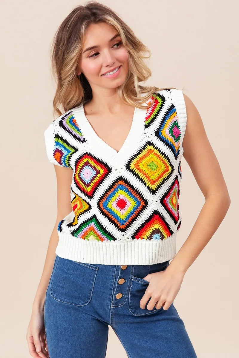BiBi Diamond Granny Square Sweater Vest OutfitFlow