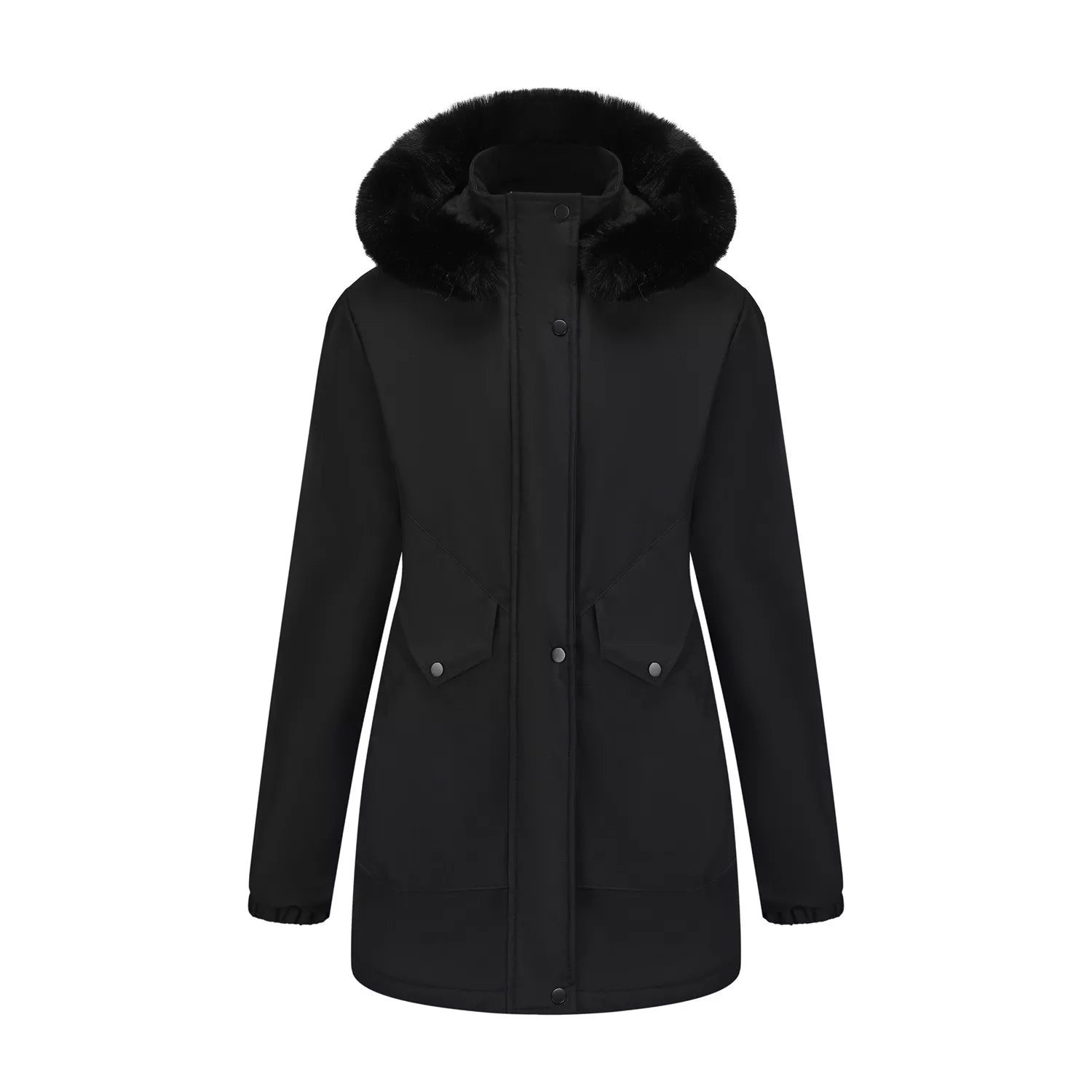 Full Size Fur Hooded Warm Winter Parka Outerwear Plus Size Black OutfitFlow