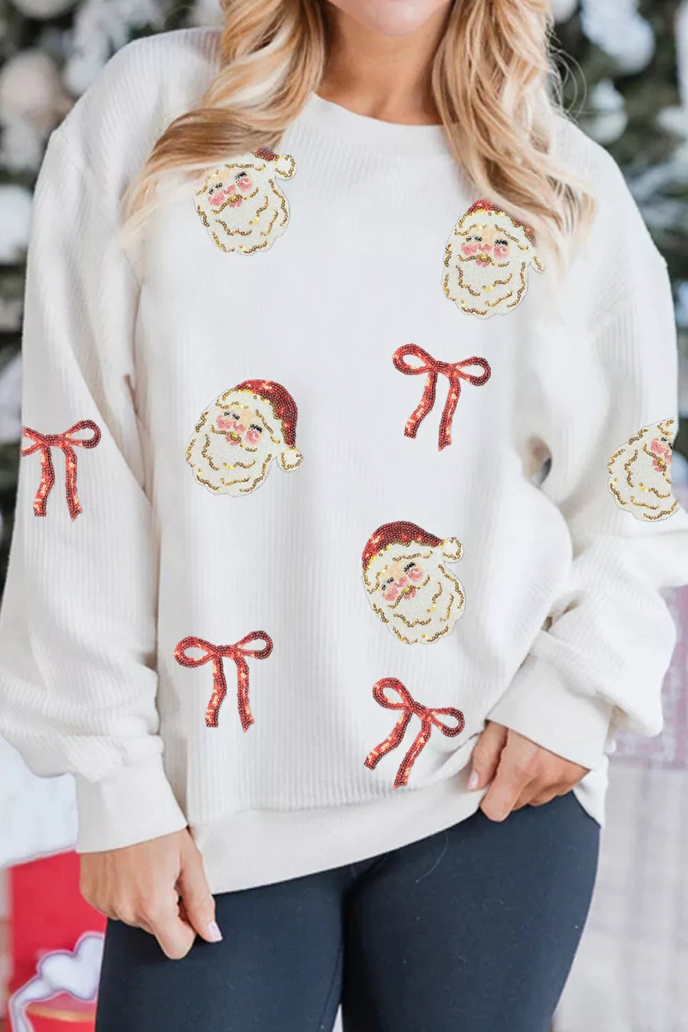 Full Size Corded Rib Sequin Santa Bow Patched Drop Shoulder Sweatshirt Plus Size OutfitFlow