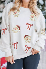 Full Size Corded Rib Sequin Santa Bow Patched Drop Shoulder Sweatshirt Plus Size OutfitFlow