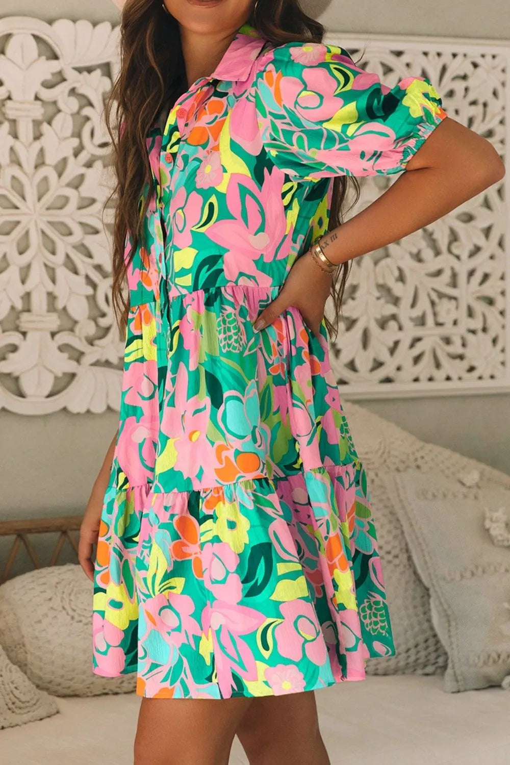 Button Down Floral Puff Sleeve Babydoll Dress OutfitFlow