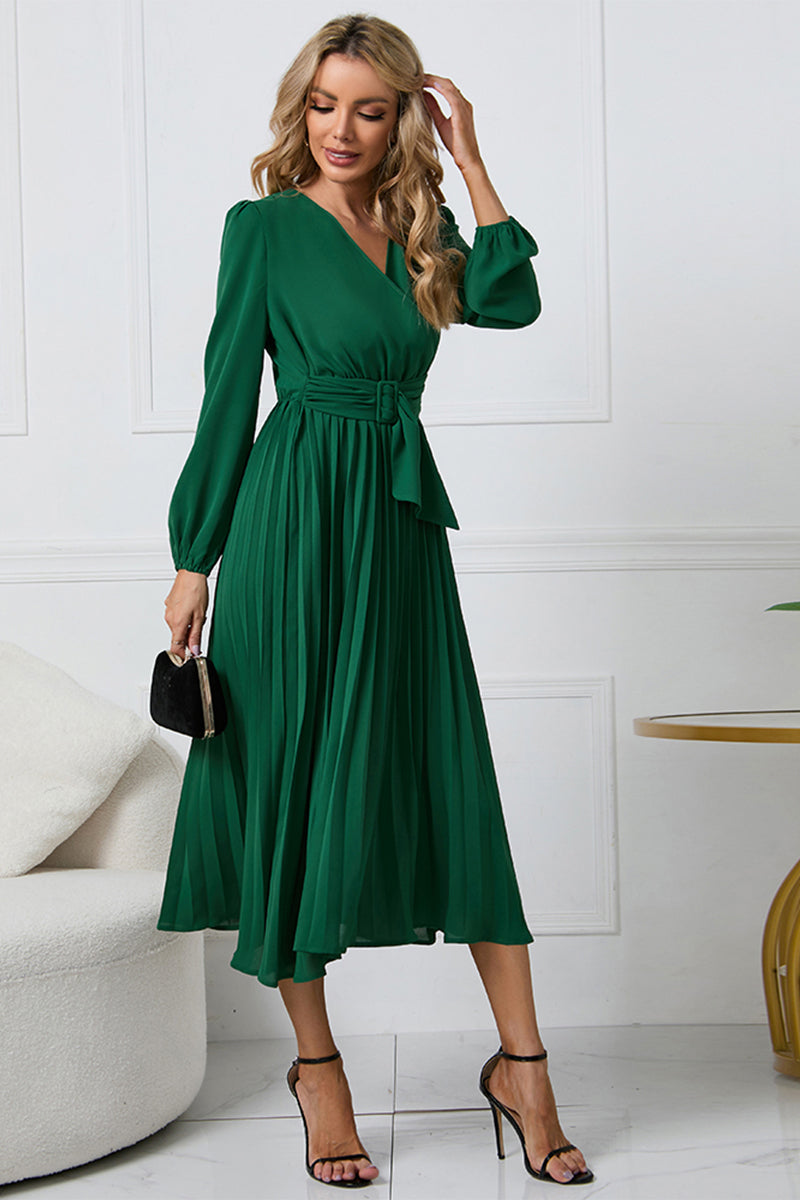 Outfit Flow - V-Neck Long Sleeve Tie Waist Midi Dress