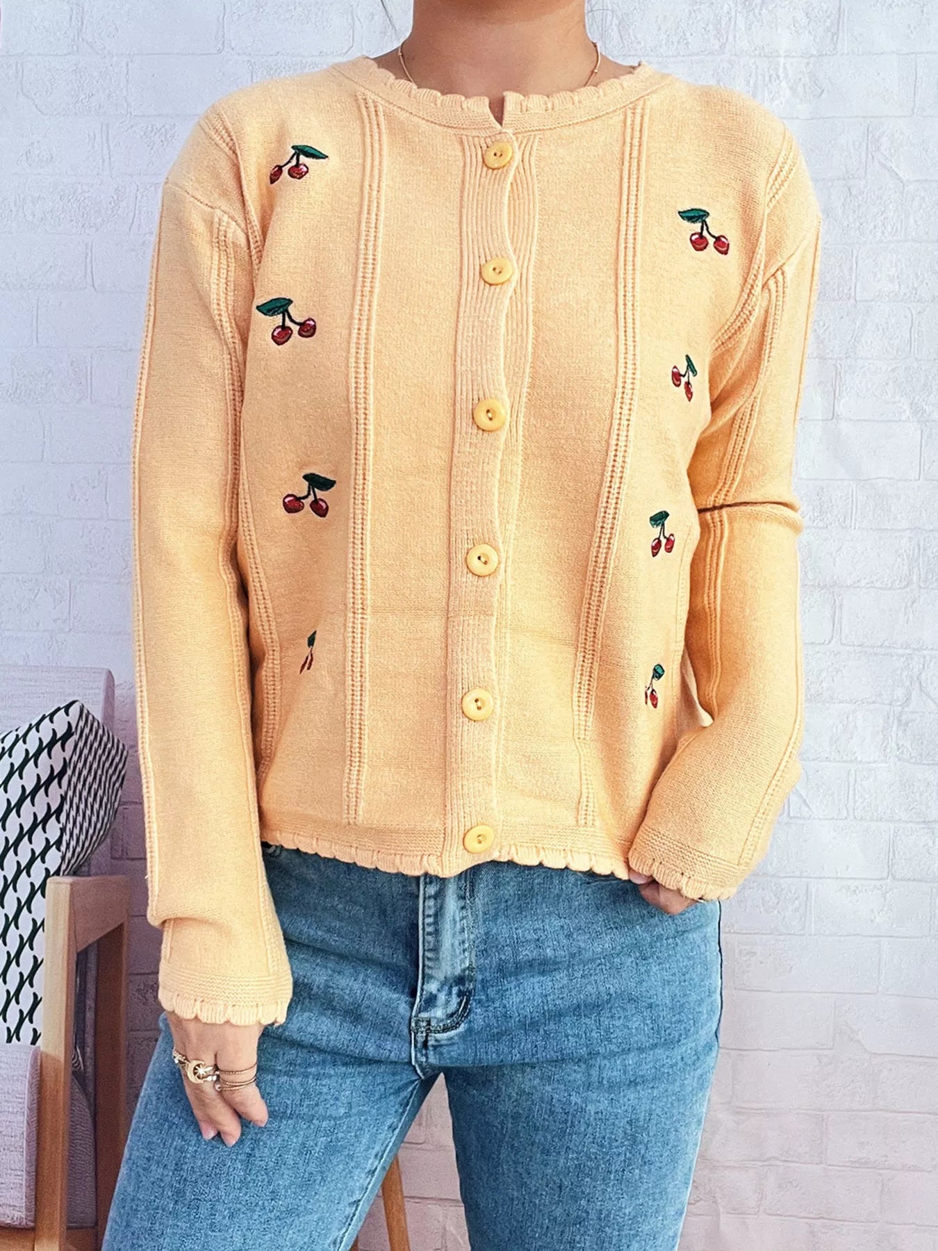 Cherry Embroidered Button Up Cardigan OutfitFlow