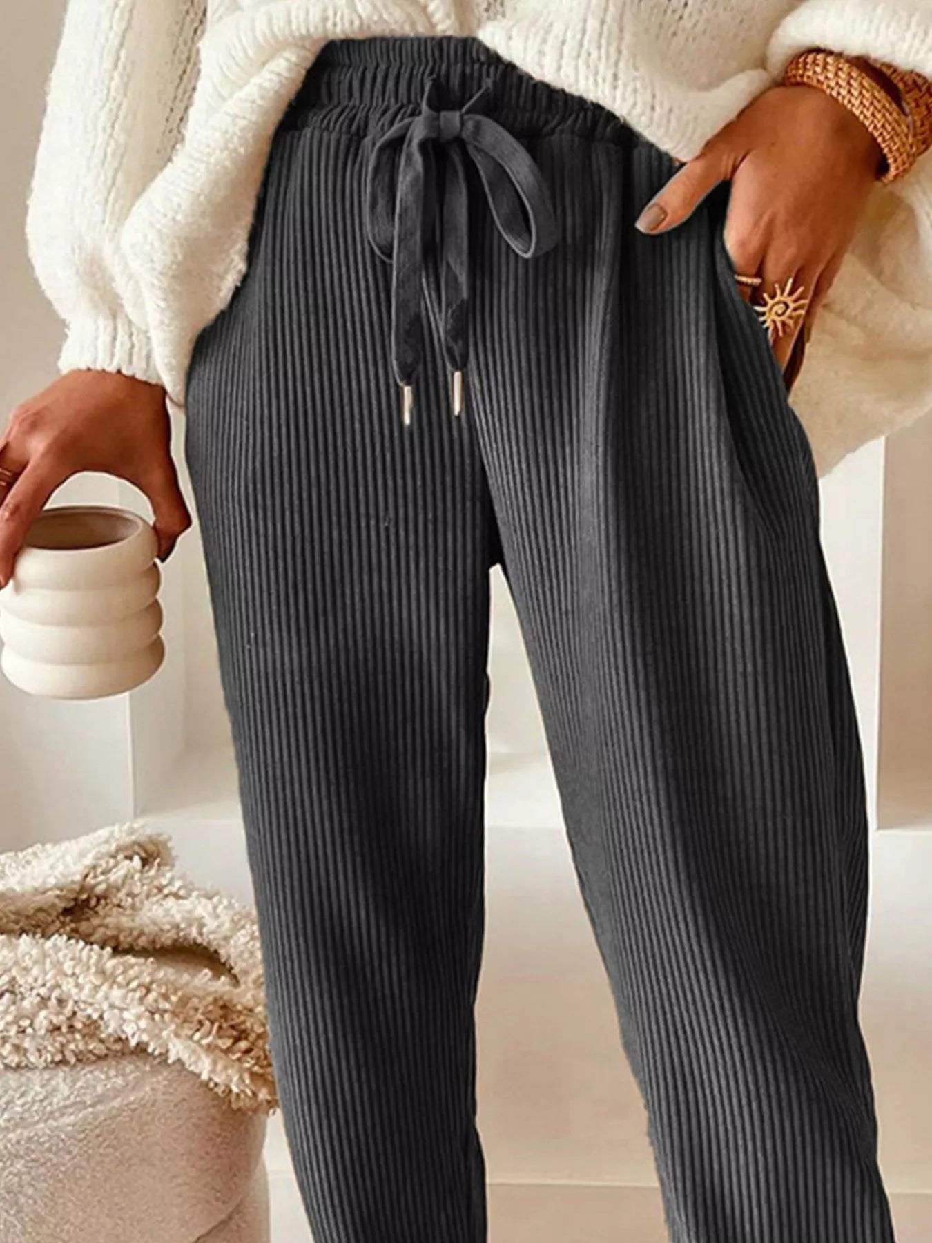 Casual Corduroy Drawstring Waist Pants OutfitFlow