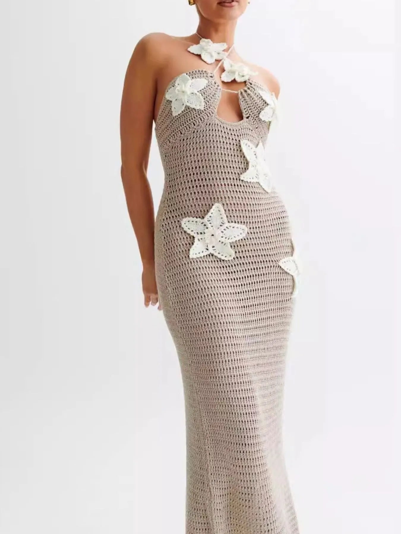 Crochet Floral Halter Knit Cover Up Dress Khakis OutfitFlow