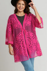 Umgee Full Size Floral Lace Open Front Kimono Sleevee Cover Up with Waist Tie Plus Size OutfitFlow