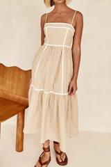 Contrast Trim Square Neck Midi Cami Dress Tan OutfitFlow