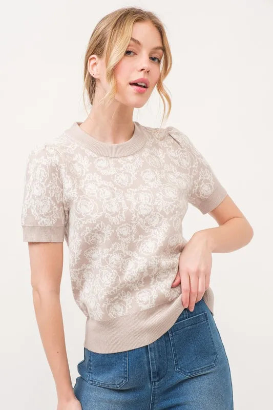 And The Why Short Sleeve Rose Pattern Knit Top OutfitFlow