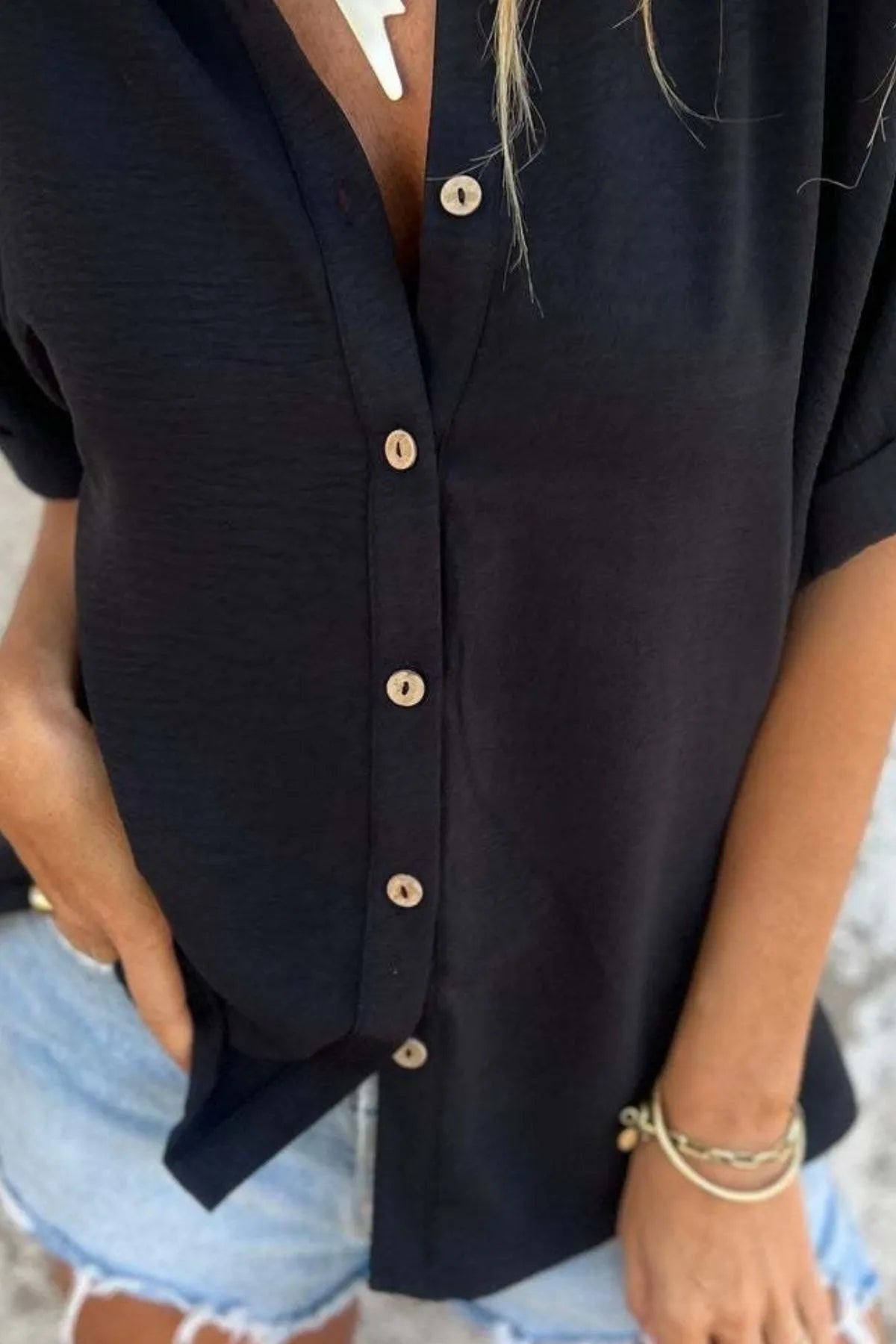 Full Size Casual Button Down Short Sleeve Loose Shirt Plus Size OutfitFlow