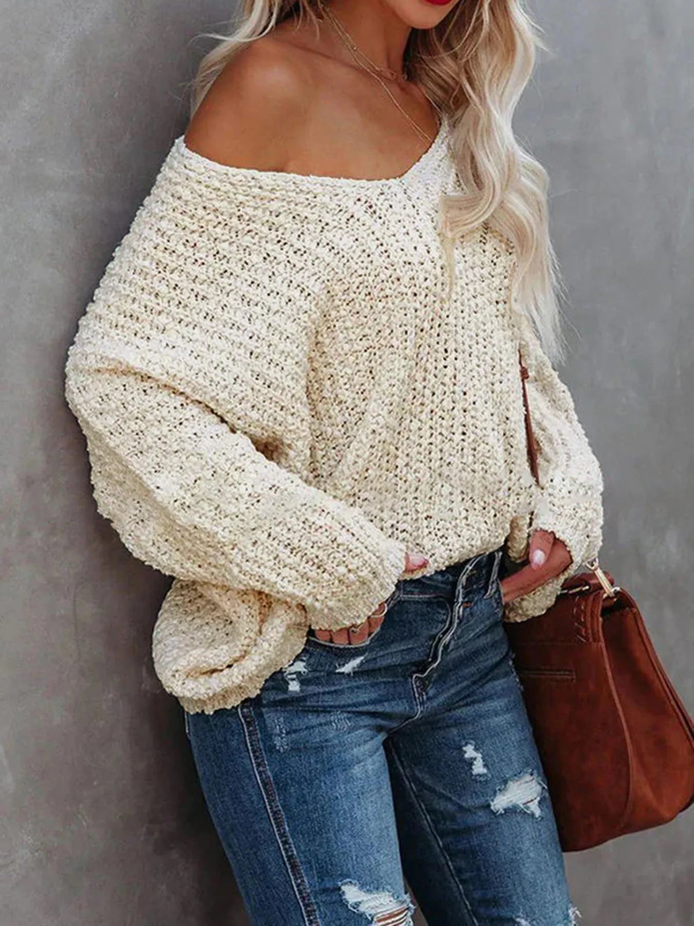 V-Neck Long Sleeve Sweater OutfitFlow