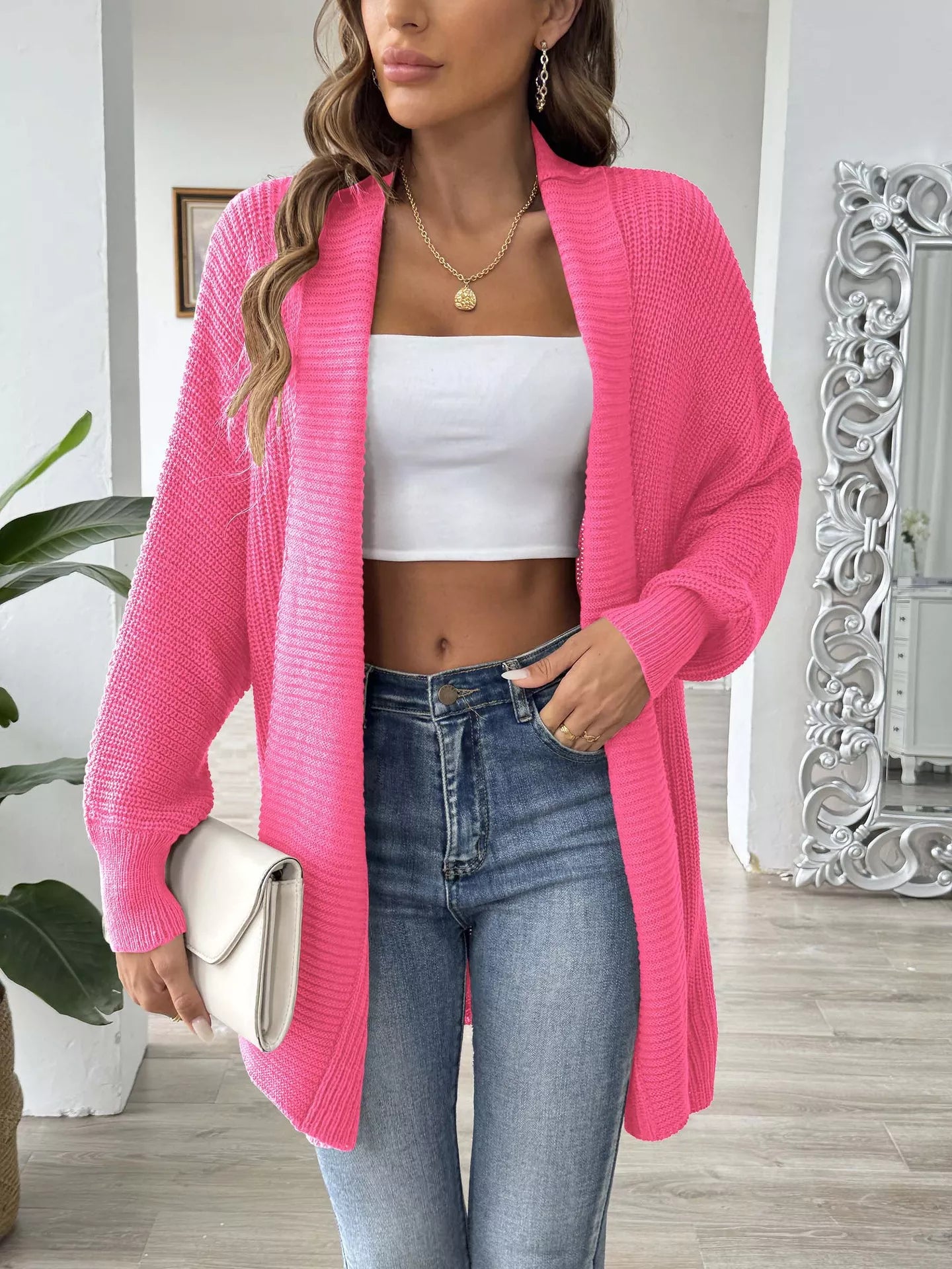 Open Front Ribbed Knit Cardigan Fuchsia Pink One Size OutfitFlow