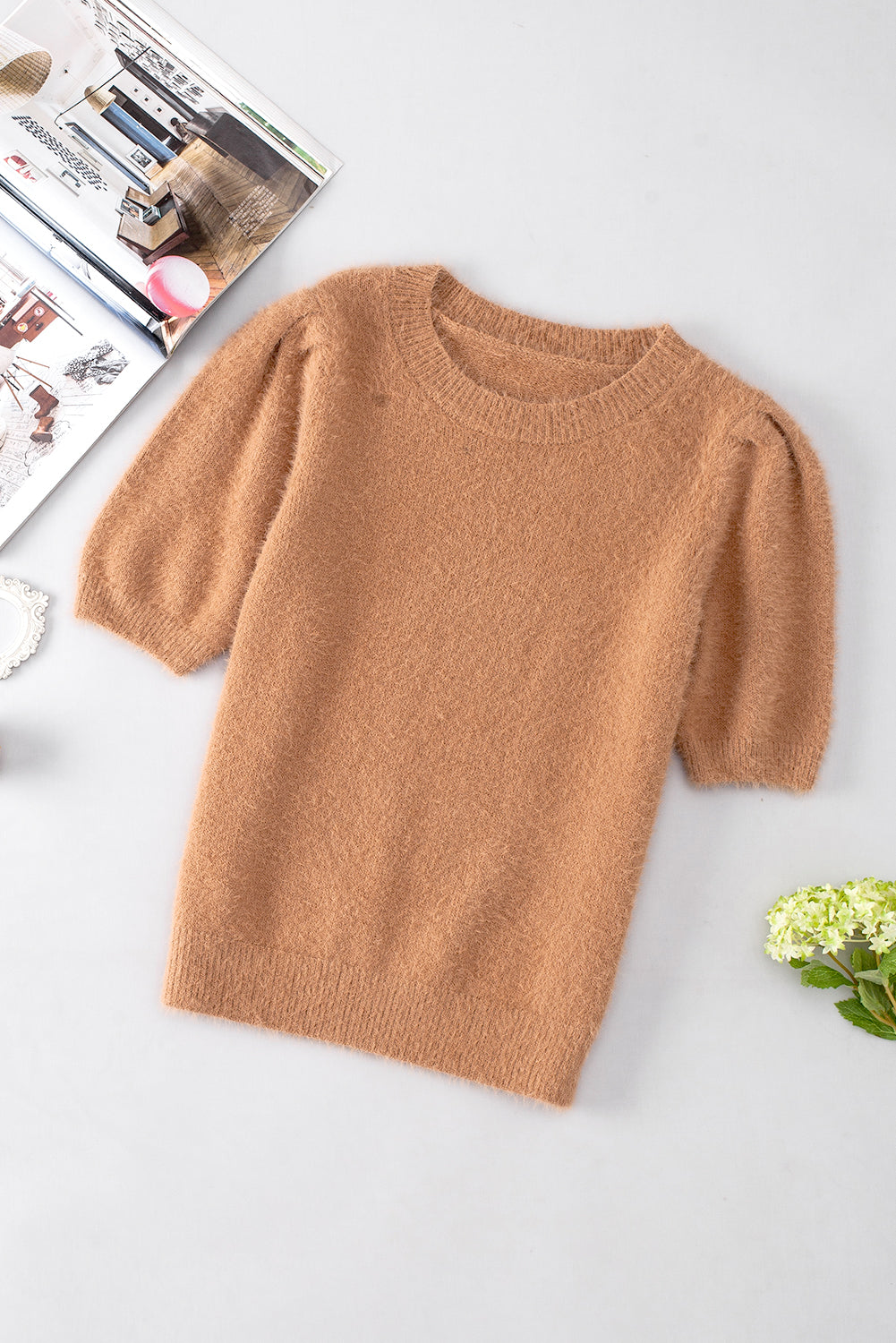 Outfit Flow - Fuzzy Round Neck Half Sleeve Sweater