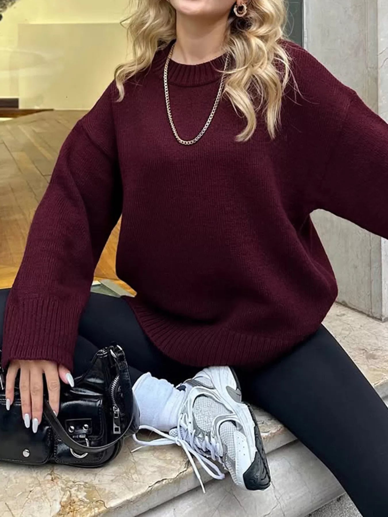Ribbed Round Neck Dropped Shoulder Sweater OutfitFlow