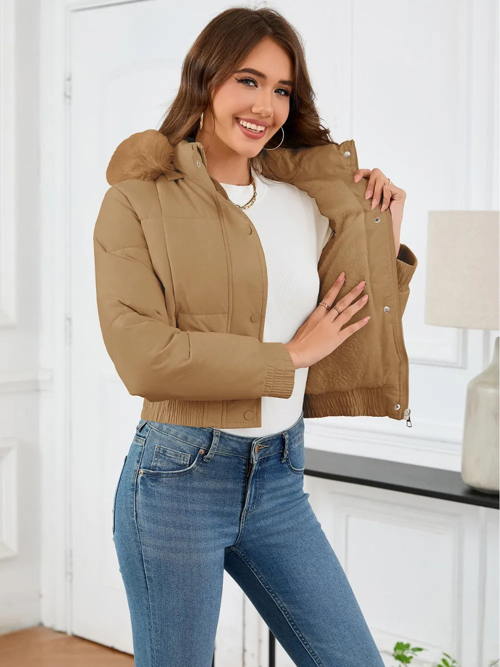 Pocketed Long Sleeve Cropped Hooded Winter Coat OutfitFlow