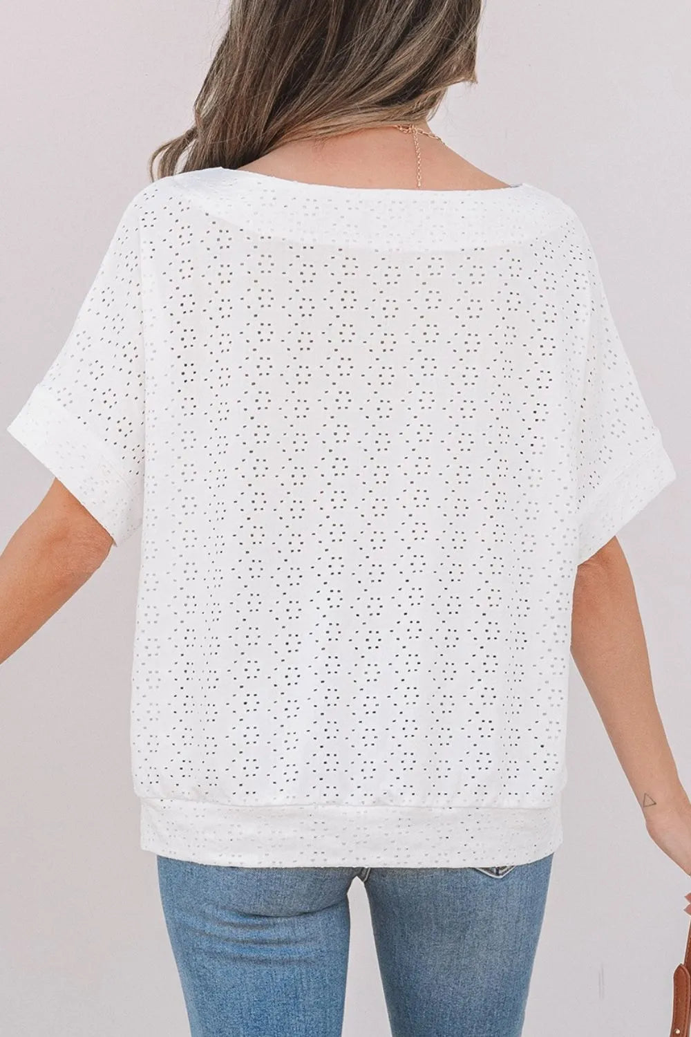 Eyelet Pattern Boat Neck Casual Tee OutfitFlow