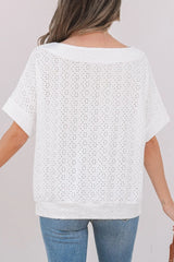 Eyelet Pattern Boat Neck Casual Tee OutfitFlow