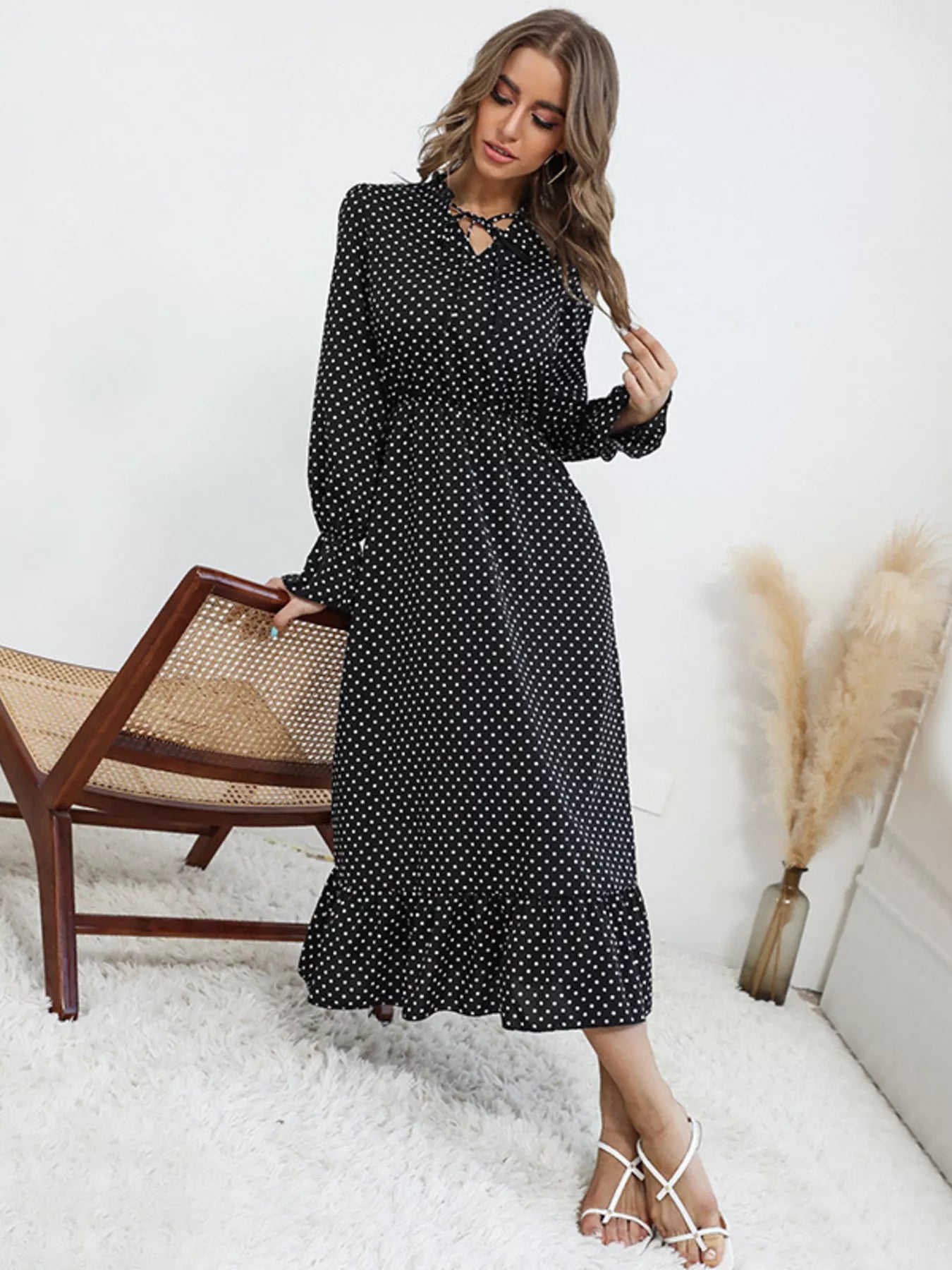 Polka Dot Ruffle Hem Midi Dress OutfitFlow