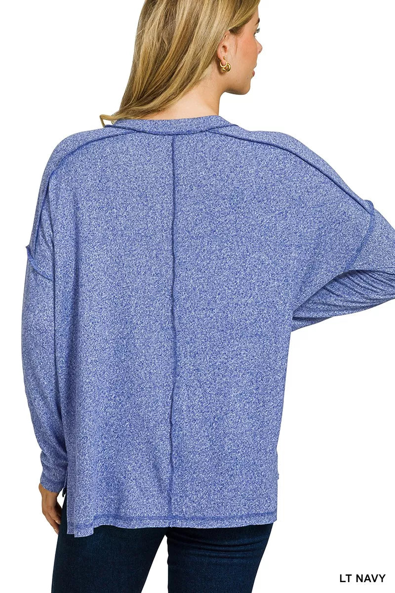 Zenana Soft Melange Hacci Exposed Seam Hi-low Tee Trendsi