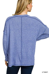 Zenana Soft Melange Hacci Exposed Seam Hi-low Tee Trendsi