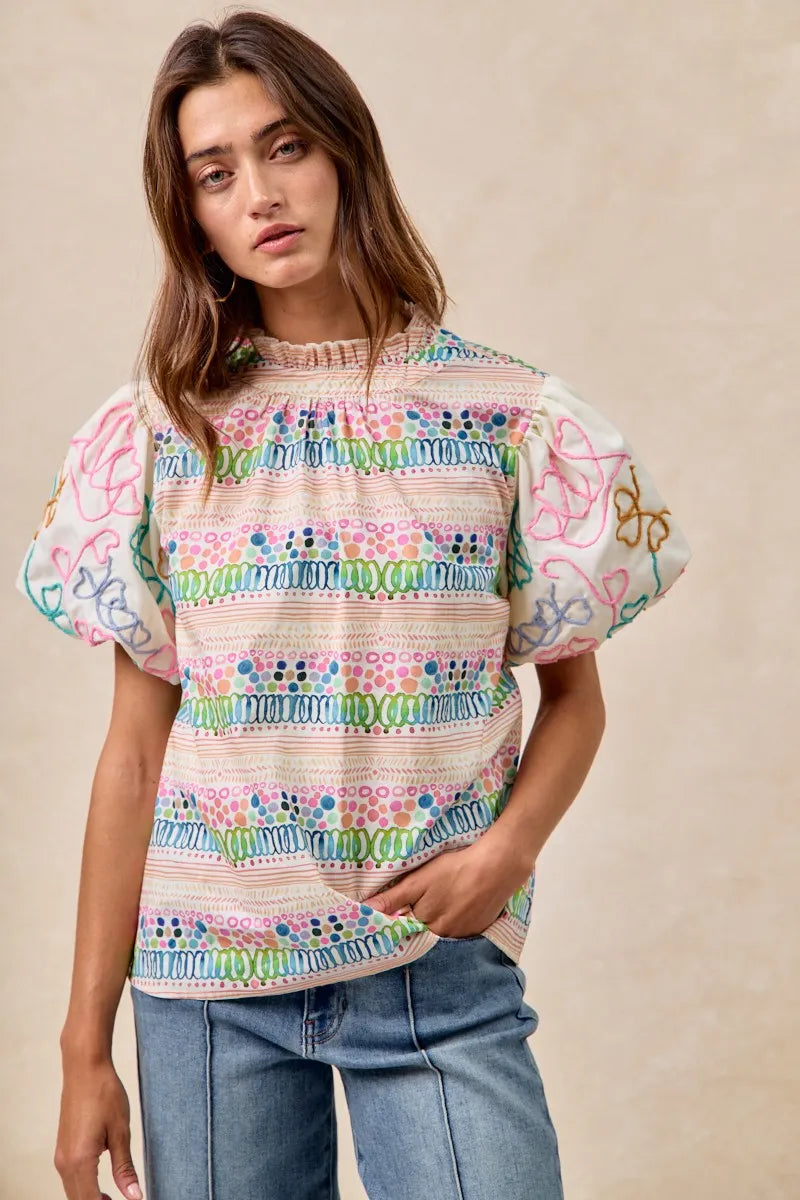 BiBi Ruffle Neckline Blouse With Embroidery Bubble Sleeve OutfitFlow