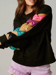 Sequin Bow Cutout Round Neck Sweatshirt OutfitFlow