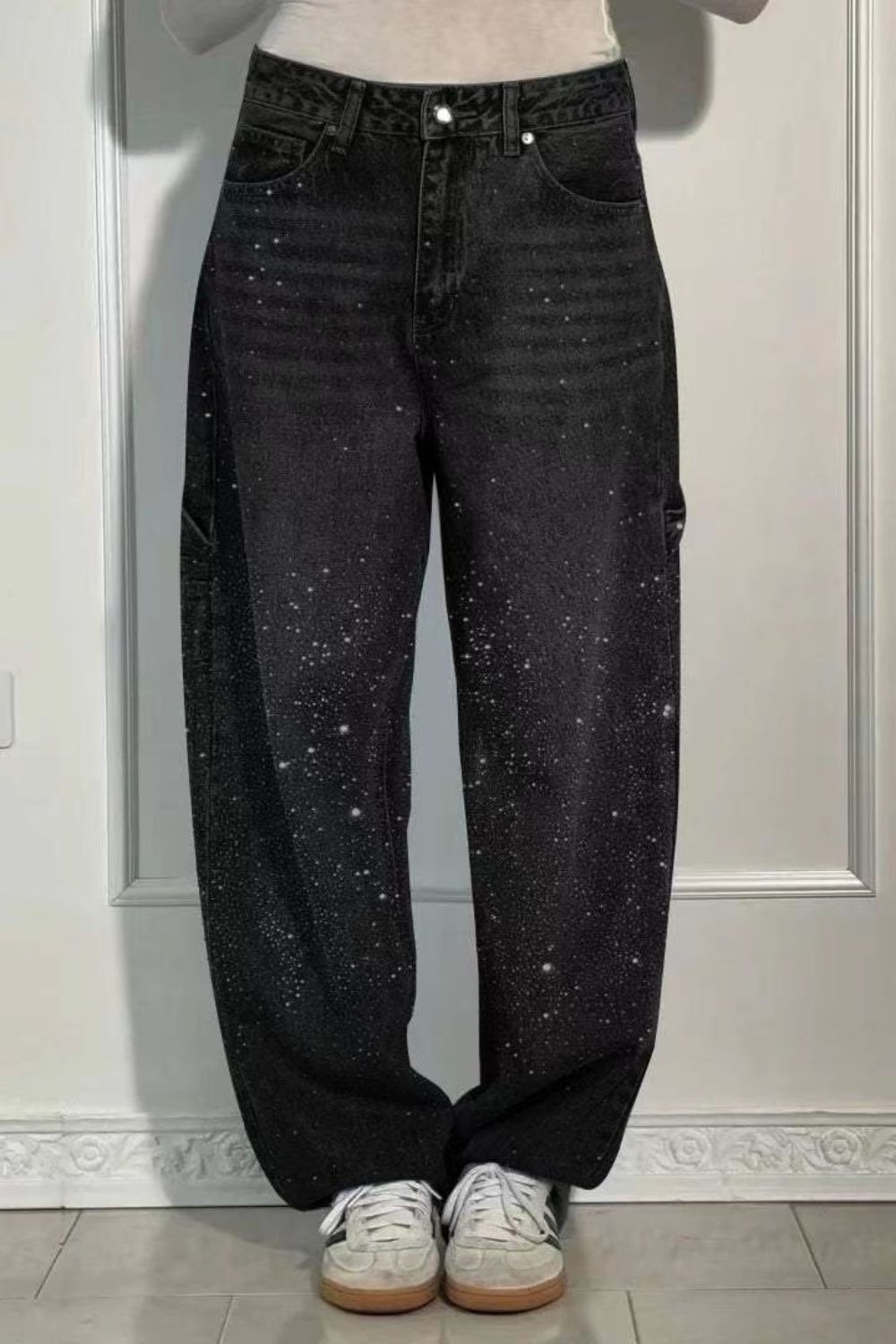 Full Size Washed Rhinestone Detail Wide leg Jeans Plus Size Black OutfitFlow