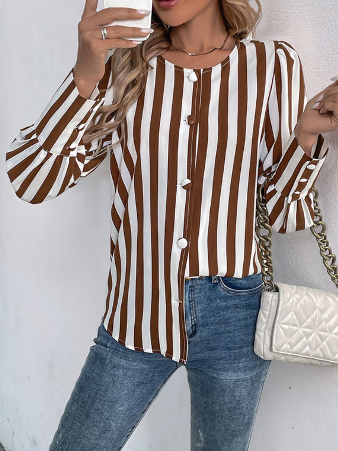 Outfit Flow - Perfee Striped Round Neck Long Sleeve Blouse