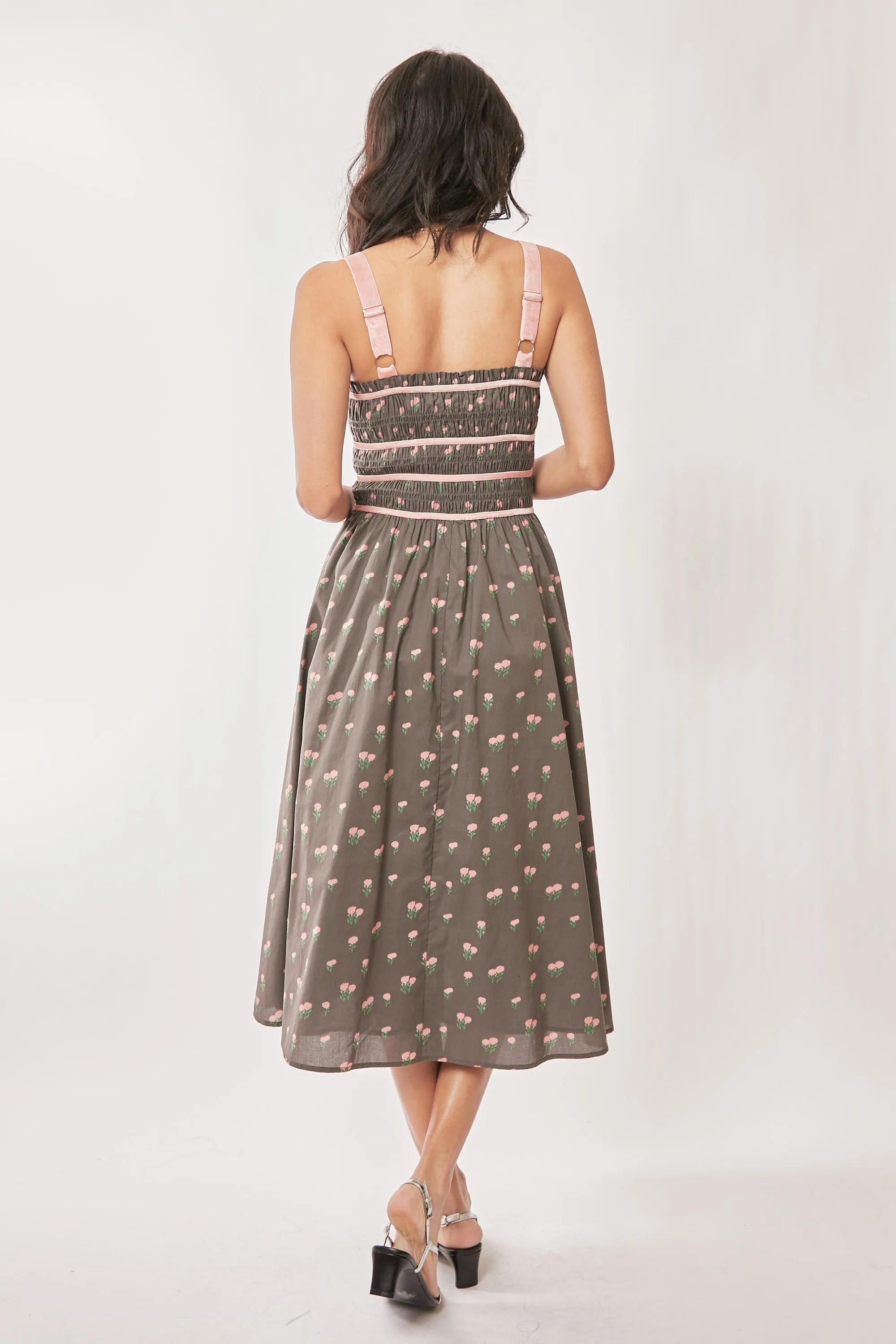 Davi & Dani Contrast Velvet Tape Smocking Bodice Midi Dress OutfitFlow