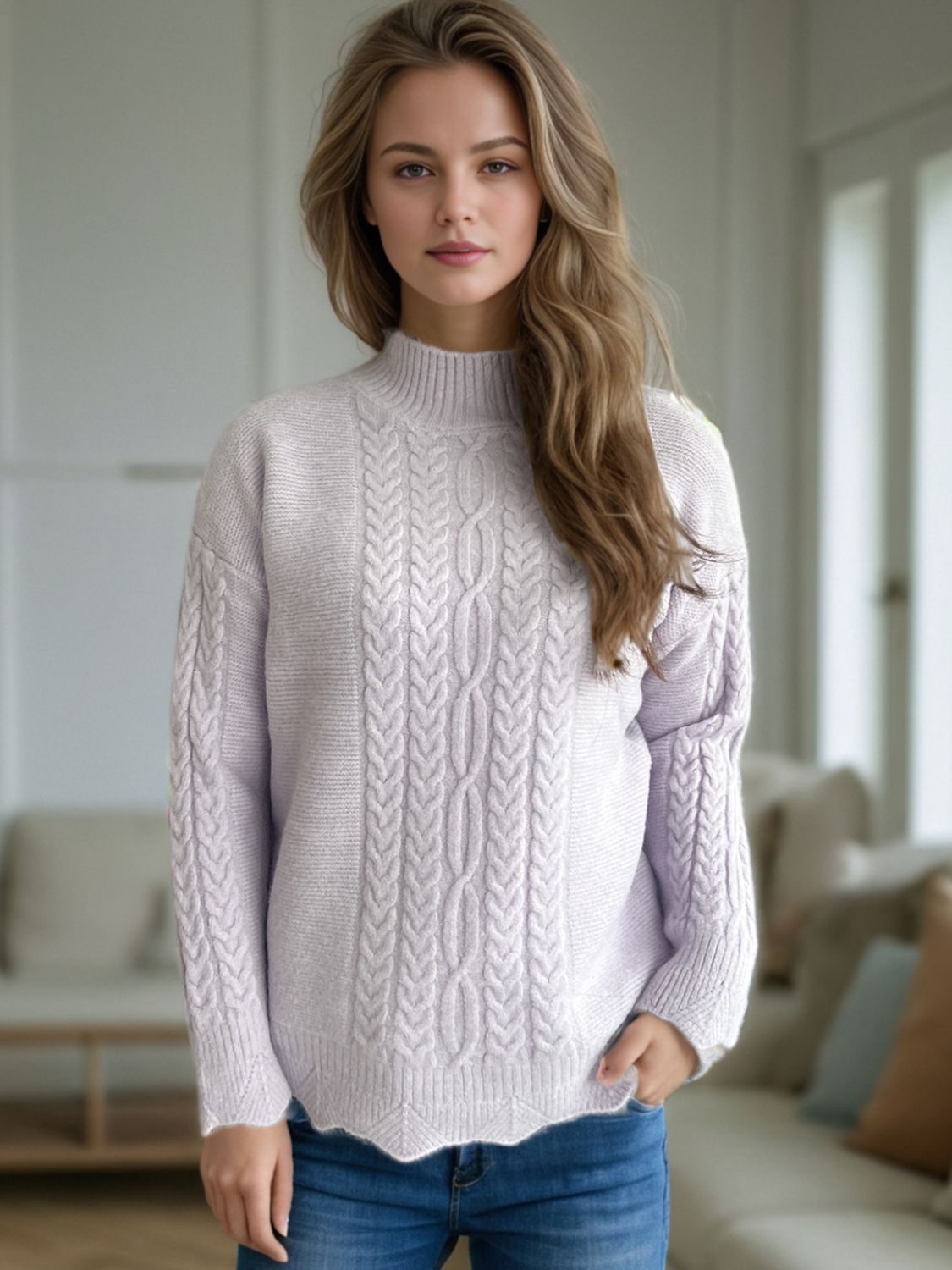 Outfit Flow - Cable-Knit Mock Neck Dropped Shoulder Sweater