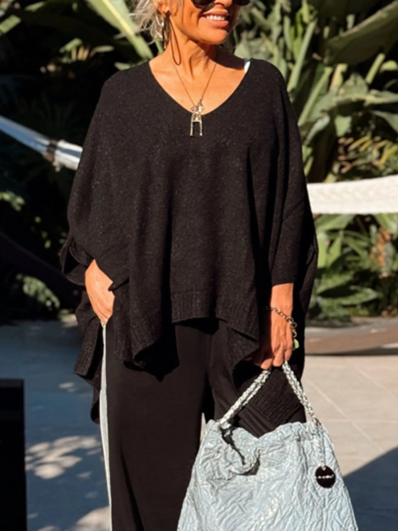 Ribbed Hem V-Neck Sweater OutfitFlow
