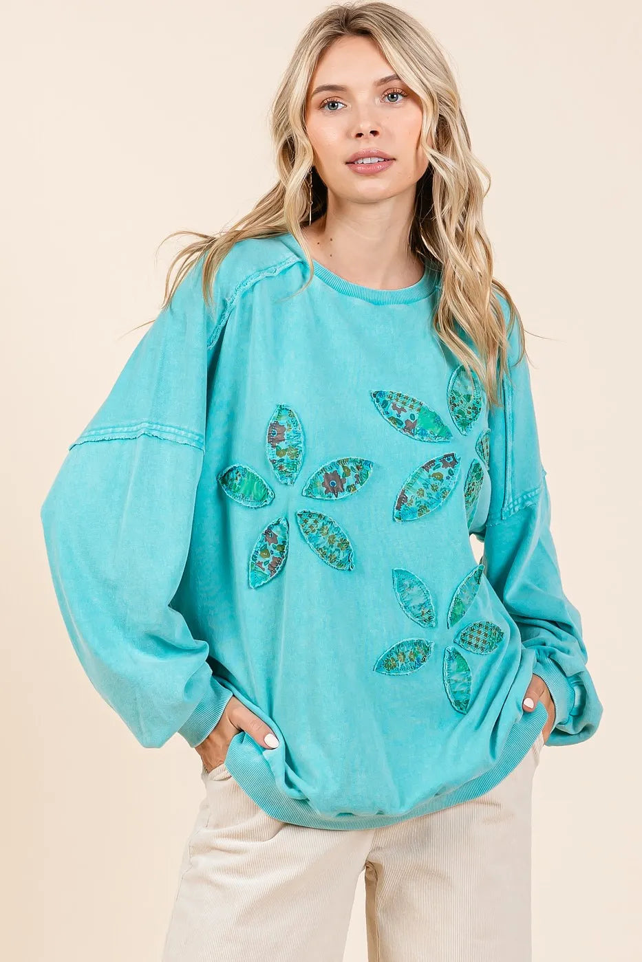 Mittoshop Vintage Textile Flower Patch Mineral Wash Pullover Sweatshirt SEAFOAM OutfitFlow