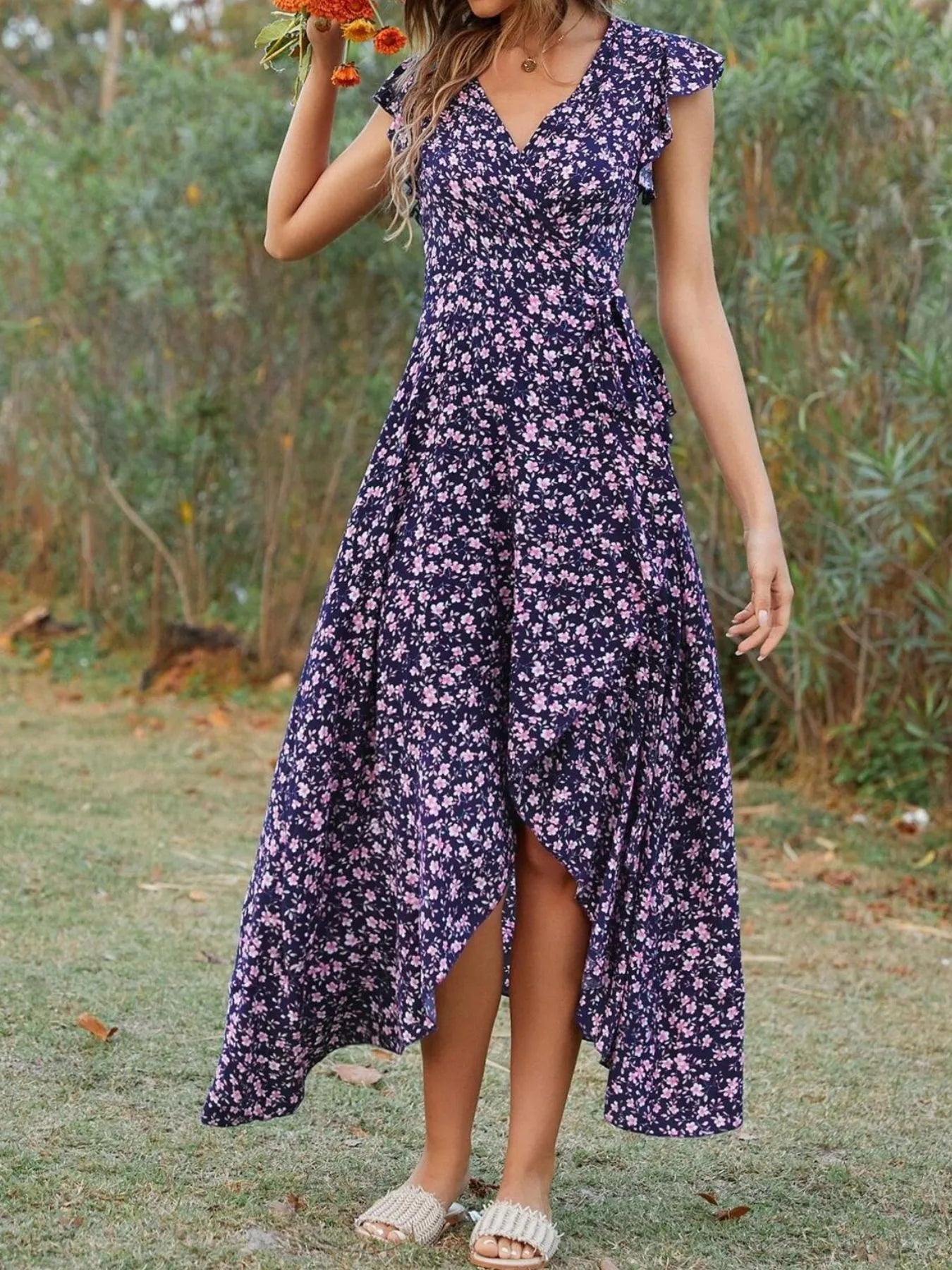 Printed Surplice Ruffle Sleeve Dress OutfitFlow