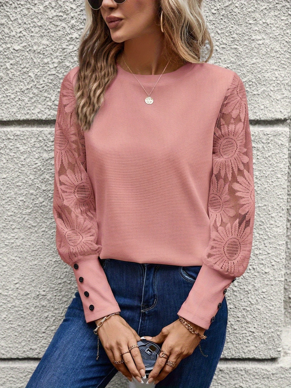 Outfit Flow - Round Neck Lace Long Sleeve Top