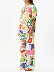 Printed Button Up Shirt and Pants Set OutfitFlow