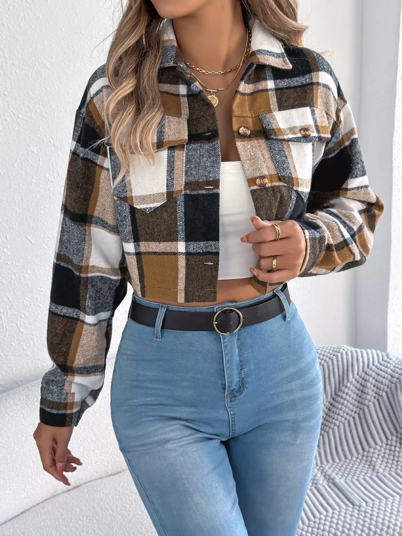Plaid Button Up Cropped Jacket Trendsi