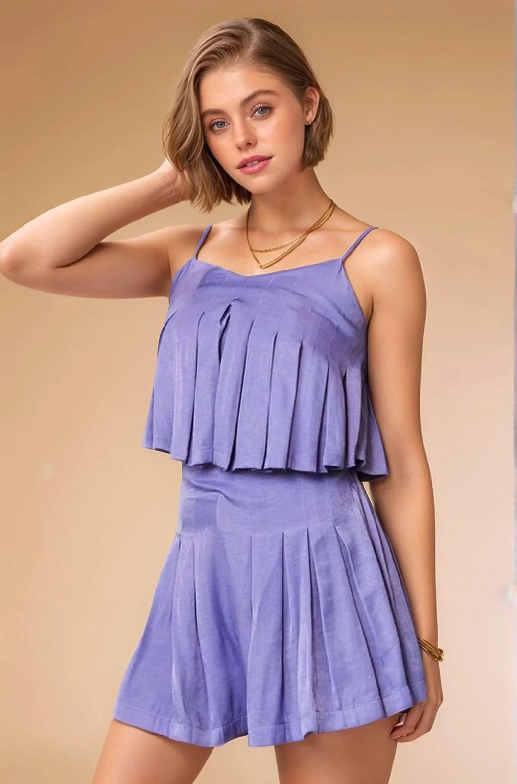 Davi & Dani Pleated Body Elastic Back Babydoll Strappy Top OutfitFlow