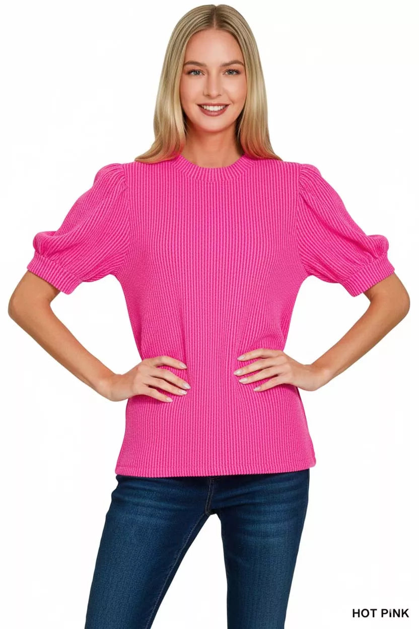 Zenana Raised Rib Puff Sleeve Top HOT PINK OutfitFlow