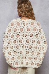 POL Openwork V-Neck Chenille Cardigan with Contrast Floral OutfitFlow